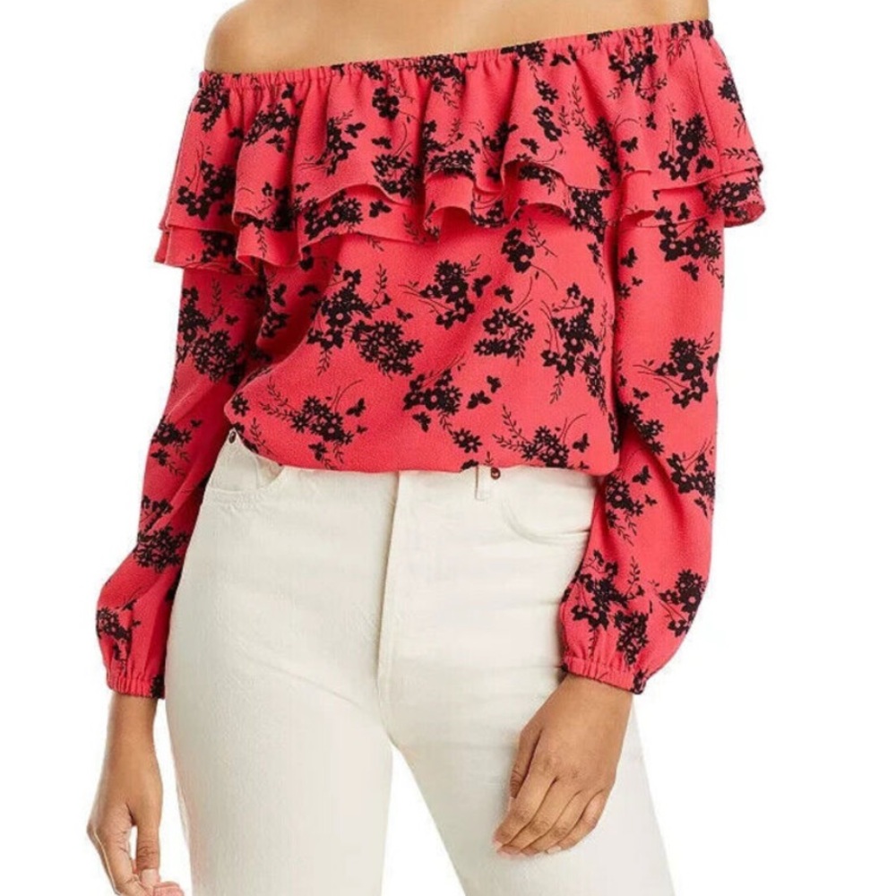 Michael Kors Womens Geranium Printed Ruffled Off The Shoulder Blouse Size 3X